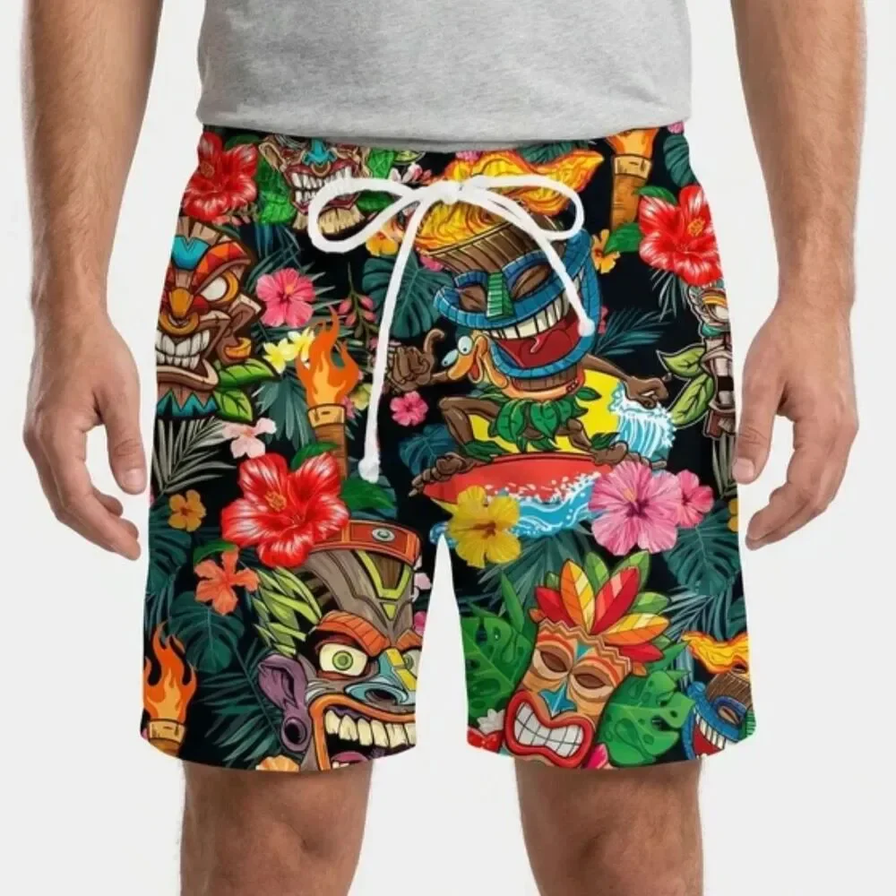 Mens Size S Hawaiian Tiki Torch Print Swim Trunks Drawstring Board Shorts